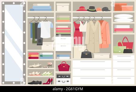 Wardrobe with clothes vector illustration, cartoon flat opened closet compartments with woman man clothing, hangers with costume or dress Stock Vector
