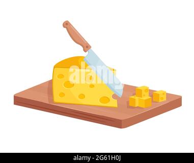 Dice cut cheese isometric diced cheese on wooden board while cooking food process Stock Vector