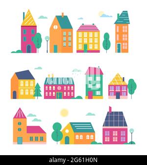 Town houses vector illustration set, cartoon flat cute urban variety buildings collection of modern and retro townhouses or cottage facades Stock Vector