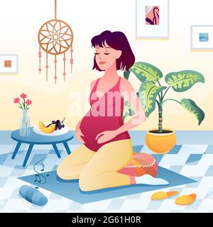 Happy pregnancy activity at home, young pregnant yogist character doing yoga exercises Stock Vector