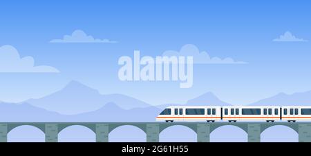 Travel by train vector illustration, cartoon flat modern electric express train with travelers traveling by rail road on railway bridge Stock Vector