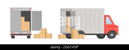 Vector illustration of truck with boxes. Post boxes, moving in new house. Transportation, delivery and logistic concept in flat cartoon style. Stock Vector