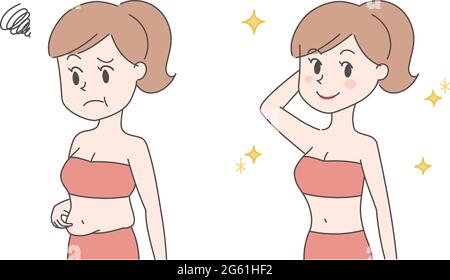 The before and after of a woman losing more body fat. Vector illustration isolated on a red background. Stock Vector