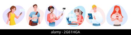 Cartoon flat collection of happy young gadgeteer characters using mobile gadgetry, user student people with smartphone, tablet or laptop isolated on Stock Vector