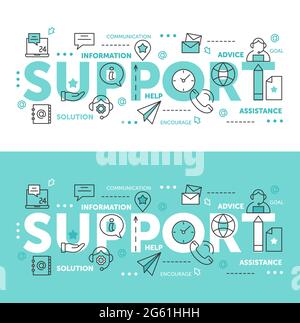 Thin line abstract web design for call center technical online help and assist with tech problems, mobile website banners. Support word vector Stock Vector