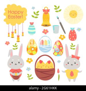 Easter holiday color cartoon flat vector illustration, object and cute characters set Stock Vector