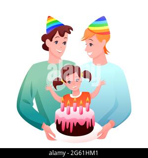 Gay LGBT family celebrate vector illustration, cartoon flat happy two gay father characters celebrating birthday of daughter girl isolated on white Stock Vector