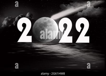 New Year 2022 full moon and comet with rippled water reflection Stock Photo