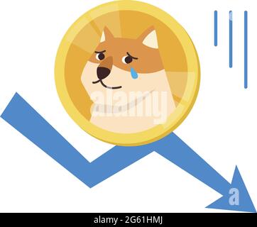 Dogecoin cryptocurrency on the falling chart background without main lines. Vector illustration isolated on white background. Stock Vector