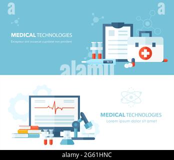 Medical science technology concept flat vector illustration set with cartoon laboratory research equipment, hospital medicine treatment item Stock Vector