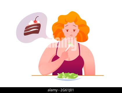 Sad fat woman eats green salad vector illustration. Cartoon woman character sitting at table, eating diet healthy food, dreaming of unhealthy piece of Stock Vector
