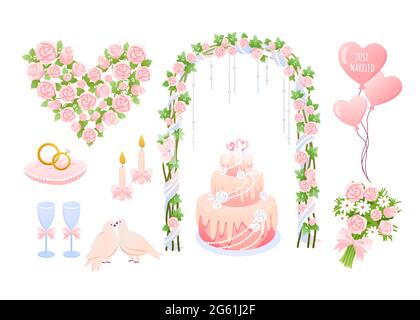 Cartoon pink wedding decoration collection with heart shaped balloons, bride groom jewelry rings, dove birds, cake and decorative flower bouquet Stock Vector