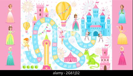 Fairy princess board game vector illustration, cartoon flat boardgame template with path road to medieval castle, dragons, knights on way Stock Vector