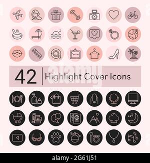 Social media collection of pink and black line covers for female account, blogger stories, lifestyle fashion elements, food and travel. highlight Stock Vector