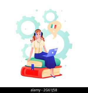 Young woman learns foreign language in online course or school vector illustration. Cartoon teen student characters in headphones sitting on piles of Stock Vector