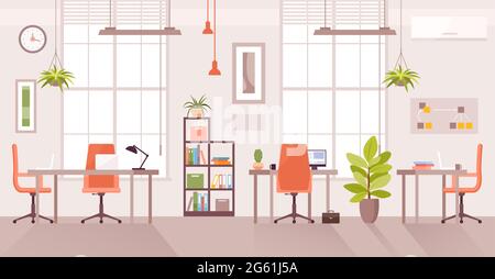 Office workplace vector illustration, cartoon flat modern corporate room interior, desk table for officer employee work with computer or laptop Stock Vector