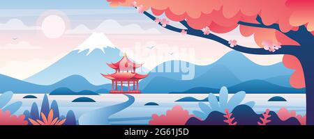 Chinese landscape vector illustration, cartoon asian traditional temple, pavilion or house with oriental pagoda in rural China, travel to Asia Stock Vector
