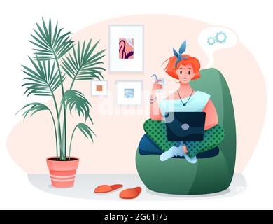 Freelance home work flat vector illustration, cartoon woman freelancer character works online with laptop in home armchair isolated on white Stock Vector