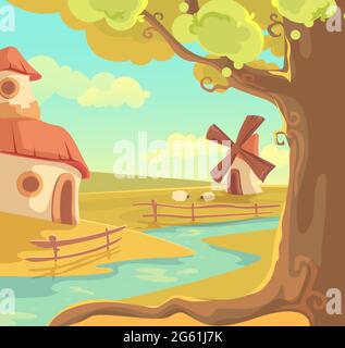 Fantasy rural landscape vector illustration, cute cartoon beautiful summer scenery, village with fairytale house cottage for magical character by Stock Vector