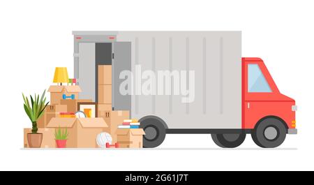 Box delivery by truck vector illustration, cartoon flat courier car van delivers boxes of goods, packages with home things, transportation service Stock Vector