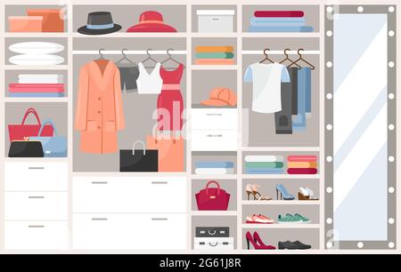 Open wardrobe with clothes vector illustration, cartoon flat shelves boxes with woman man things, shoes or hats, clothing on hangers in closet Stock Vector