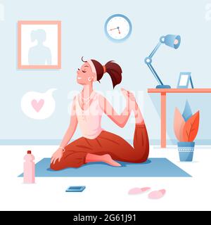 Home yoga flat vector illustration, cartoon happy young beautiful woman character doing asana yoga pose and meditating, healthy lifestyle background Stock Vector