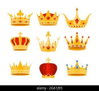 Golden crown vector illustration set, cartoon flat gold royal medieval collection of luxury monarch crowning jewel headdress isolated on white Stock Vector