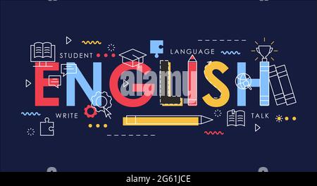 Learn English thin line vector illustration for website interface design, books for student learning language, school infographic education concept Stock Vector