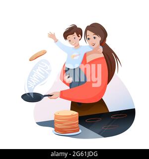 Mother time with son concept vector illustration, cartoon flat pretty mom character making family breakfast food, cooking yummy pancakes Stock Vector