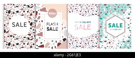 Vector illustration of set templates for sale bunners with terrazzo patterns style. Seasoned sale, advertising banners and cards collection. Stock Vector