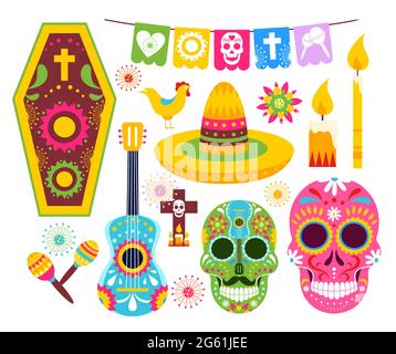 El dia de Muertos, Mexican Day of Dead vector illustrations, cartoon traditional folk ornament art on dead skulls from Mexico, Mexican party icon set Stock Vector