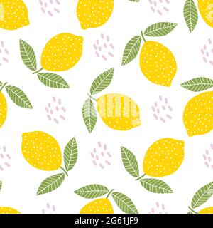Yellow lemon fruit seamless pattern on white background. Vector cartoon illustration. Stock Vector