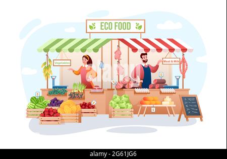 Farm market vector illustration, cartoon flat happy man woman seller characters working, farmer people selling organic meat, eco vegetables and fruits Stock Vector