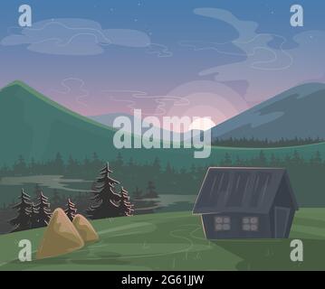 Mountain landscape vector illustration, cartoon beautiful summer morning or evening nature scenery, village with house haystack, green natural Stock Vector