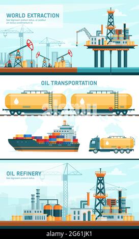 Oil gas industry technology flat vector illustrations, cartoon infographic presentation with extraction, transportation, refinery plants Stock Vector