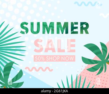 Summer sale vector illustration, cartoon flat floral banner with jungle palm tree leaf and tropical green garden leaves, discount design background Stock Vector