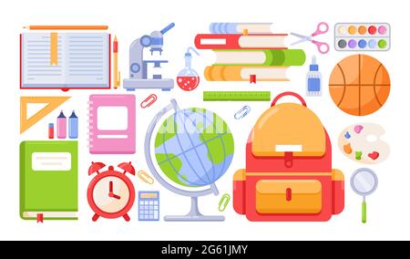 School tools vector illustration icon set, cartoon flat stationery collection of school supplies and accessories for pupil or student Stock Vector