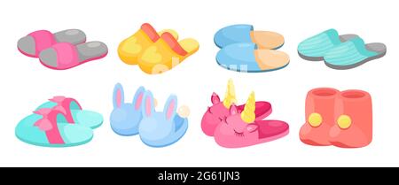 Slippers vector illustration set, cartoon flat home warm comfortable bedroom shoes, slipper with fluffy pompon ball, cute animal head footwear Stock Vector