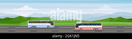 Traveling by bus vector illustration, cartoon flat tourist buses with travelers drive along road towards trip adventure, summer vacation tourism Stock Vector