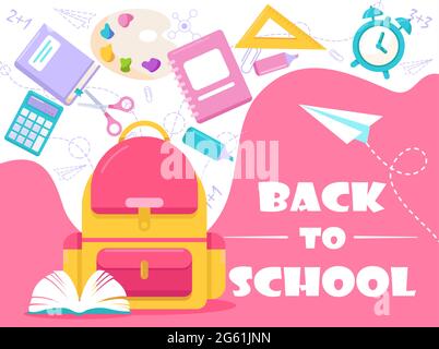 Back to school lettering vector illustration, cartoon flat stationery, tools supplies and accessories for study in school, college or university Stock Vector