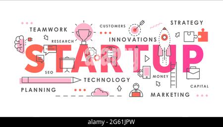 Startup word abstract thin line vector illustration with rocket launch start up, creative innovative symbols, business starting new idea Stock Vector