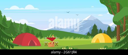 Summer camping vector illustration. Cartoon flat tourist camp with picnic spot and tent among forest, mountain landscape on sunny day. Outdoor nature Stock Vector