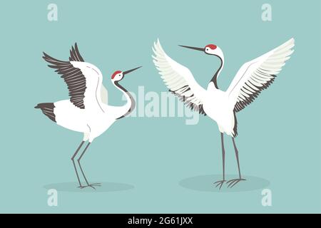 Red crowned crane flaps wings cartoon vector illustration. Mating dance of birds Stock Vector