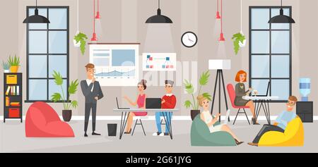 Coworking space area vector illustration, cartoon flat business people, man woman employee character team working at laptop together in trendy office Stock Vector