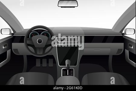 Car dashboard, auto salon interior vector illustration, cartoon flat inside automobile cabin with windshield, armchair and steering wheel dark Stock Vector
