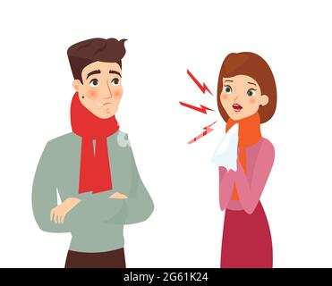 Vector illustration of sick young woman and ill young man, cough and fever symptoms, unhealthy people cartoon characters in flat style isolated on Stock Vector