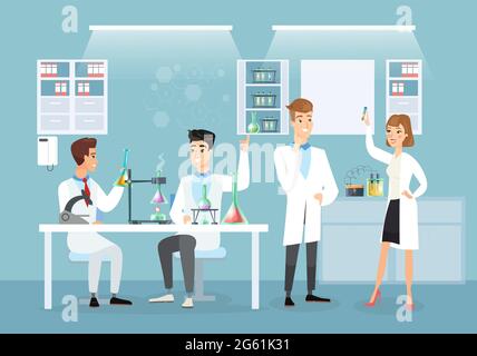 Vector illustration of doctors in medical lab making vaccine. Scientists, Coronavirus, immunization concept in flat cartoon style. Stock Vector