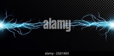 Lightning bolts realistic vector illustration. Powerful thunderstorm electricity discharge isolated on transparent background. Blue thunderbolt flare Stock Vector