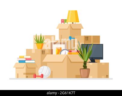Moving to new house vector illustration, cartoon flat pile of cardboard boxes with household things, clothes, ball and books packed in containers Stock Vector