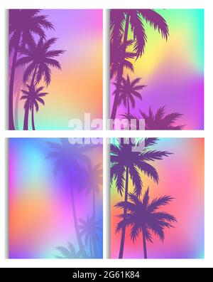 Tropical background with coconut palm tree vector illustration set, cartoon flat silhouettes of exotic island, tropic nature of beach or jungle border Stock Vector